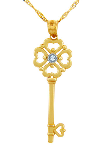 Valentines Special Heart Diamonds - Gold Key with Hearts and Center Diamond (w Chain)