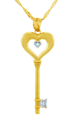 Valentines Special Heart Diamonds - Gold Key and Heart Pendant with Diamond (w Chain)