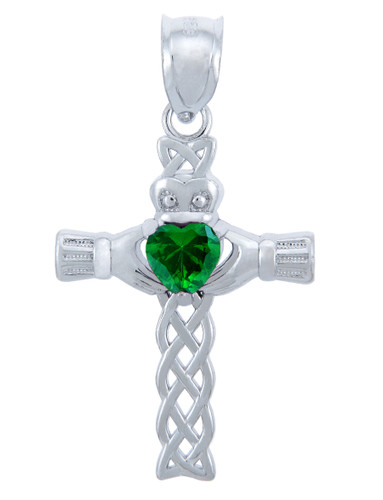 Silver Celtic Cross Pendant with Emerald CZ Heart