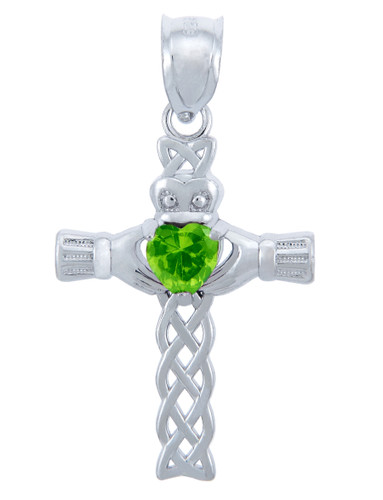 Silver Celtic Cross Pendant with Peridot CZ Heart