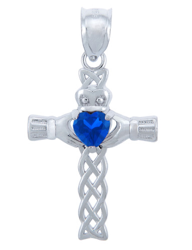 Silver Celtic Cross Pendant with Sapphire CZ Heart
