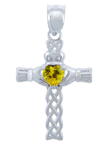 Silver Celtic Cross Pendant with Yellow CZ Heart