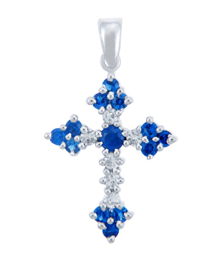 Silver Cross Pendant with Blue CZ Heart