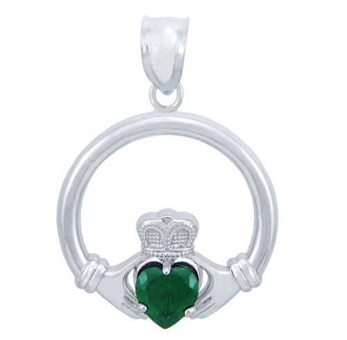 Silver Claddagh Emerald CZ Heart Pendant (M)