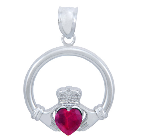 Silver Claddagh Ruby CZ Heart Pendant (M)