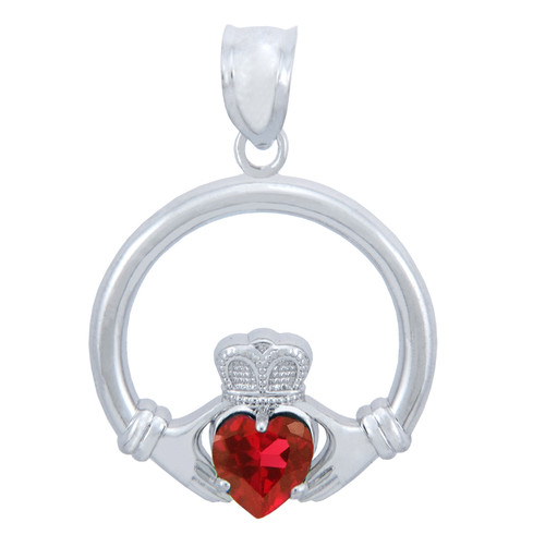 Silver Claddagh Garnet CZ Heart Charm Pendant (S)