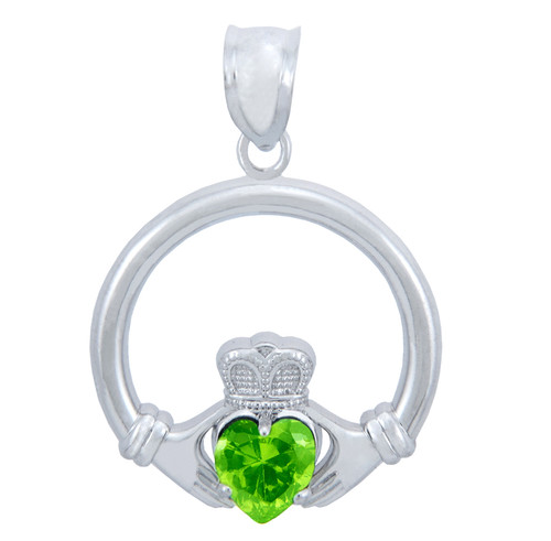 Silver Claddagh Pendant with Peridot CZ Heart (1 Inch)