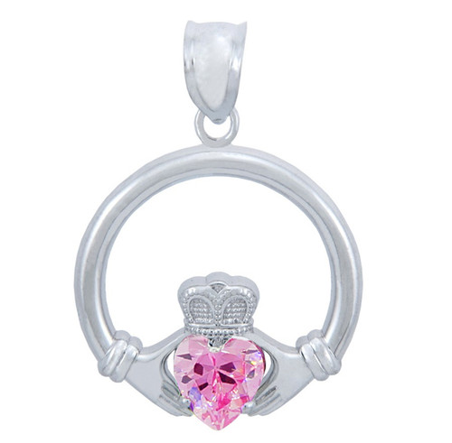 Silver Claddagh Pink CZ Heart Charm Pendant (S)