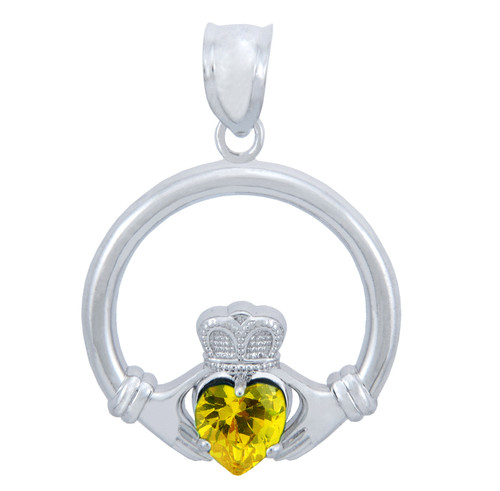 Silver Claddagh Yellow CZ Heart Charm Pendant (S)