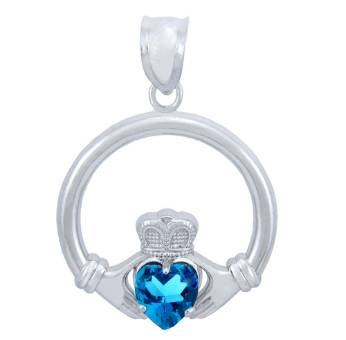 Silver Claddagh Blue CZ Heart Charm Pendant (S)