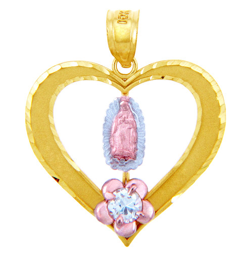 Gold Pendants - Lady of Guadalupe Heart Cubic Zirconia Gold Pendant