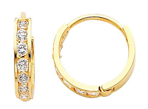 Small Round CZ Yellow Gold Huggie Earrings