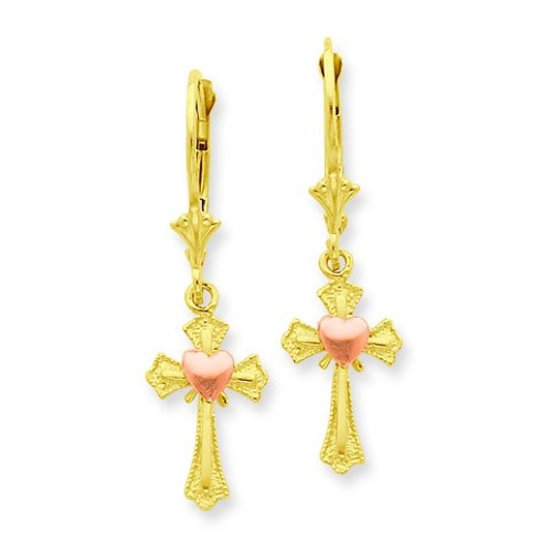 Two-tone Heart on Cross Leverback Earrings