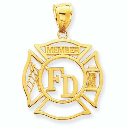 14K Gold Open-Cut Fireman Badge Pendant