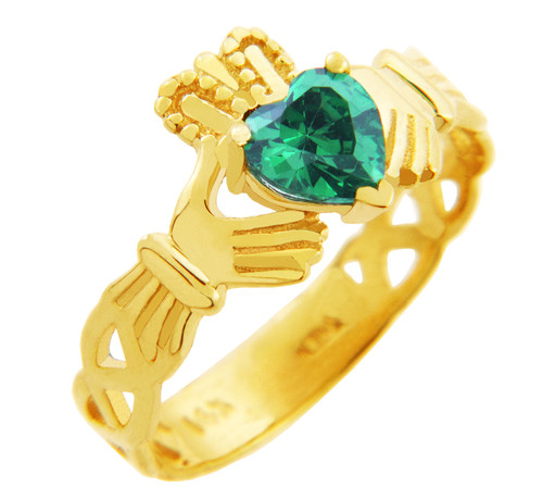Gold Claddagh Trinity Band Ring with Emerald Birthstone.  Available in your choice of 14k or 10k Gold.