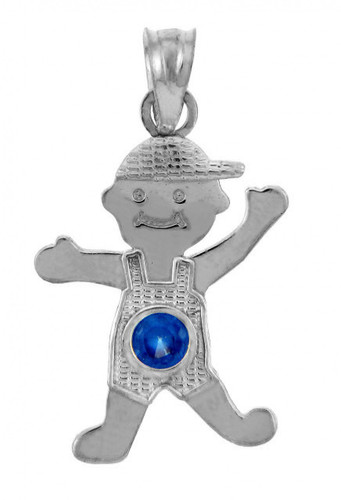 White Gold Baby Charm Pendant - CZ Sapphire Blue Boy Birthstone Charm