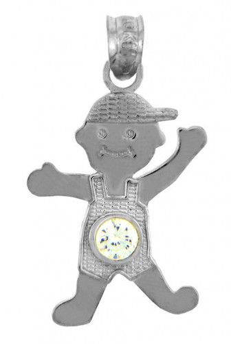 White Gold Baby Charm Pendant - CZ Crystal Boy  Birthstone Charm