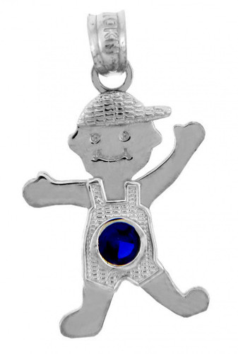 White Gold Baby Charms and Pendants - Boy  Birthstone Charm with CZ Sapphire Blue Stone