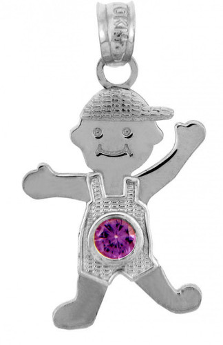 White Gold Baby Charms and Pendants - CZ Light Amethyst Boy  Birthstone Charm