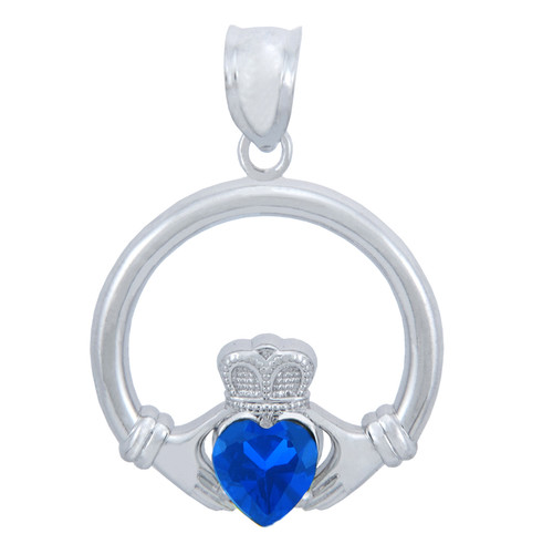 Silver Claddagh Sapphire CZ Heart Pendant (L)