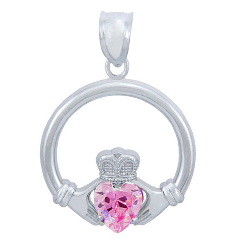 Silver Claddagh Pink CZ Heart Pendant (L)