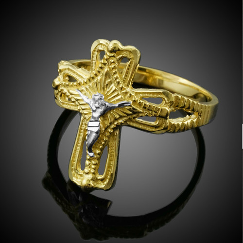 Two-Tone Gold Crucifix Cross Ring