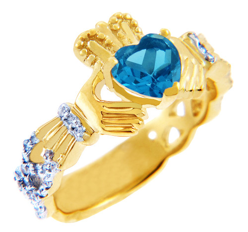 18K Yellow Gold Diamond Claddagh Ring with 0.4 Ct Blue Topaz