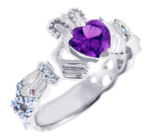 18K  White Gold Diamond Claddagh Ring With 0.4 Ct  Amethyst