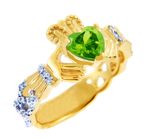 18K Yellow  Gold Diamond Claddagh Ring With 0.4 Ct Peridot