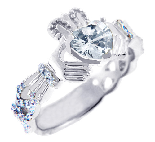 18K White Gold Diamond Claddagh Ring With 0.4 Ct  White Topaz