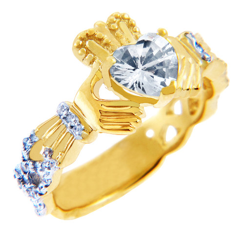 18K Yellow Gold Diamond Claddagh Ring with 0.40 Ct White Topaz
