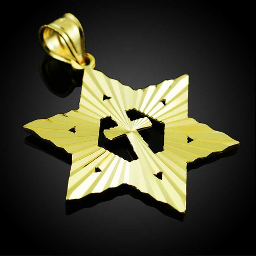 Yellow Gold Jewish Star of David with Cross Pendant (M) 1.25"