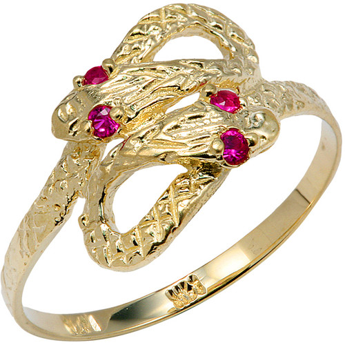 Yellow Gold CZ Two Headed Snake Ring
