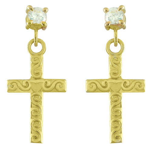 Gold Twirl Cross CZ Post Earrings