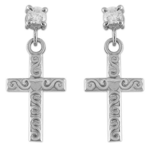 Sterling Silver Twirl Cross CZ Post Earrings