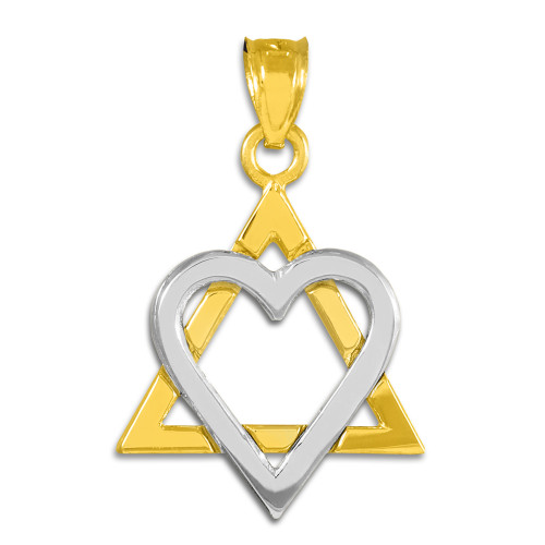 Two-Tone Gold Star of David Heart Medium Pendant (1.1")