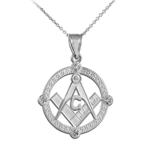 Sterling Silver Freemason Round Masonic CZ Pendant Necklace