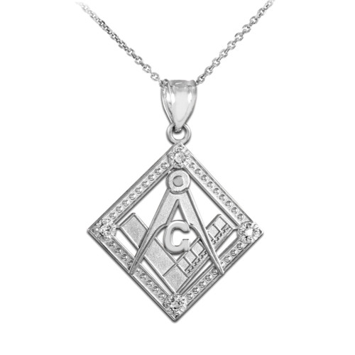 Sterling Silver Freemason Square Masonic CZ Pendant Necklace