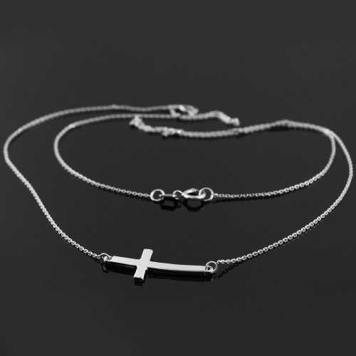 Sterling Silver Sideways Curved Cross Cute Necklace