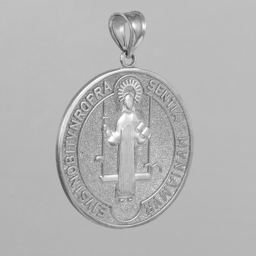 Solid White Gold St. Benedict Coin Medallion Pendant (M)