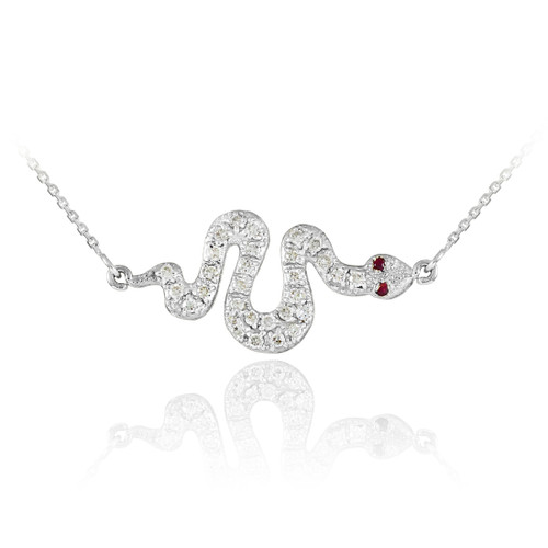 Sterling Silver Snake Sideways CZ Pendant Necklace