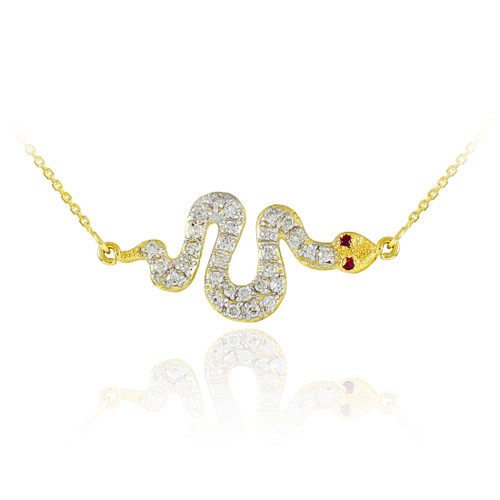14K Gold Snake CZ Pendant Necklace