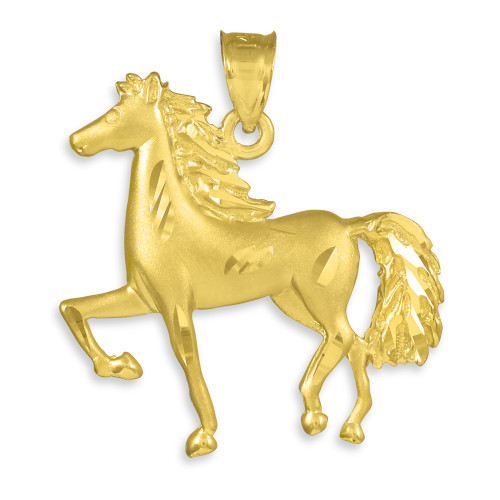 Satin Finish Diamond Cut Gold Horse Charm Pendant Necklace