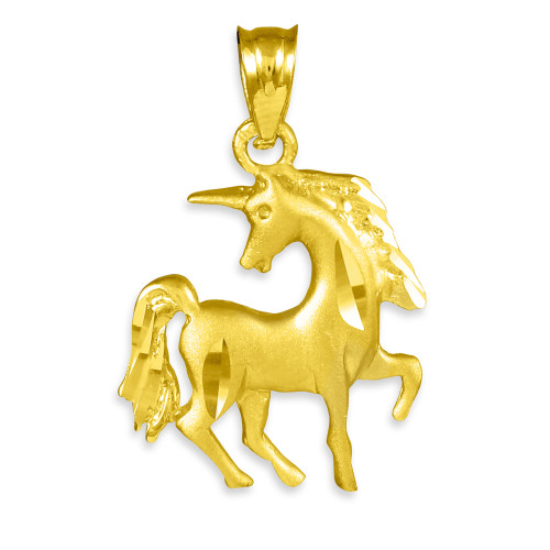 Satin Finish Diamond Cut Gold Unicorn Charm Pendant Necklace