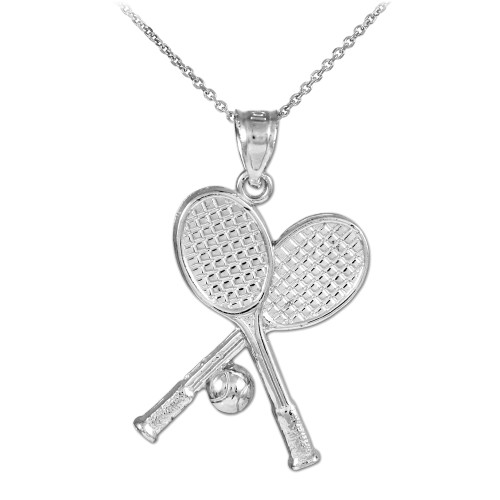 Tennis Racquets and Ball White Gold Charm Sports Pendant Necklace