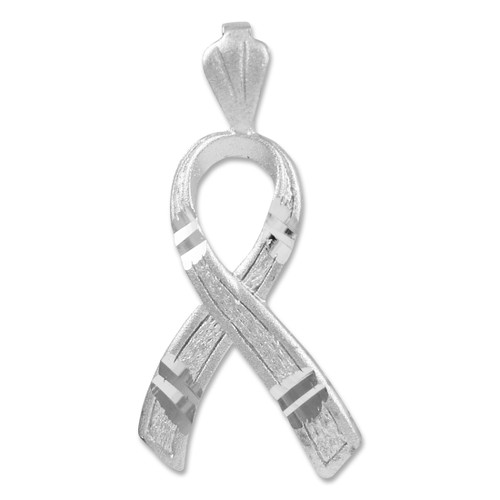 White Gold Awareness Ribbon 3D Charm Pendant Necklace