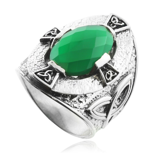 Green Stone Silver Celtic Trinity Ring