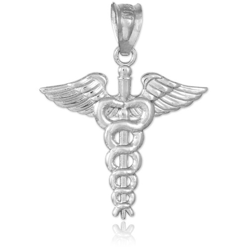 White Gold Caduceus Charm Pendant Necklace