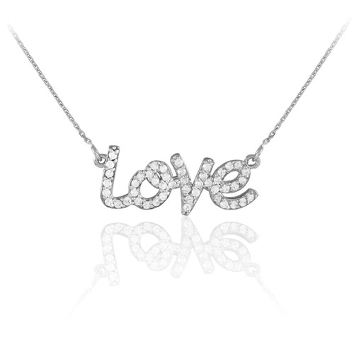 14K White Gold "Love" CZ Necklace
