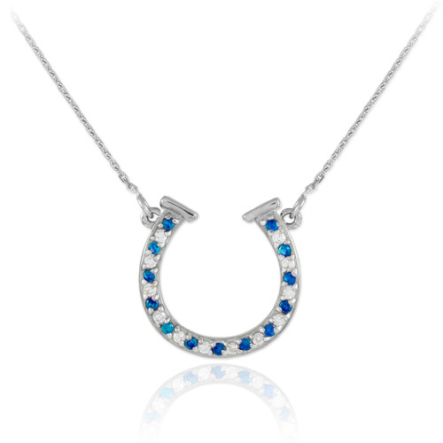 14K White Gold Diamond & Sapphire Horseshoe Necklace